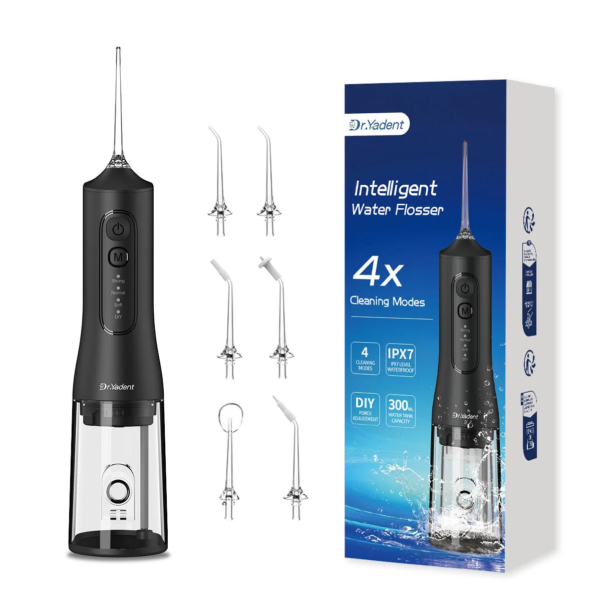 Dr.Yadent YD06 Irrigador Bucal Inalámbrico con Hilo Dental de Agua 300ML Chorro de Agua Portátil Carga Rápida USB-C 7 Boquillas 4 Modos IPX7 Impermeable