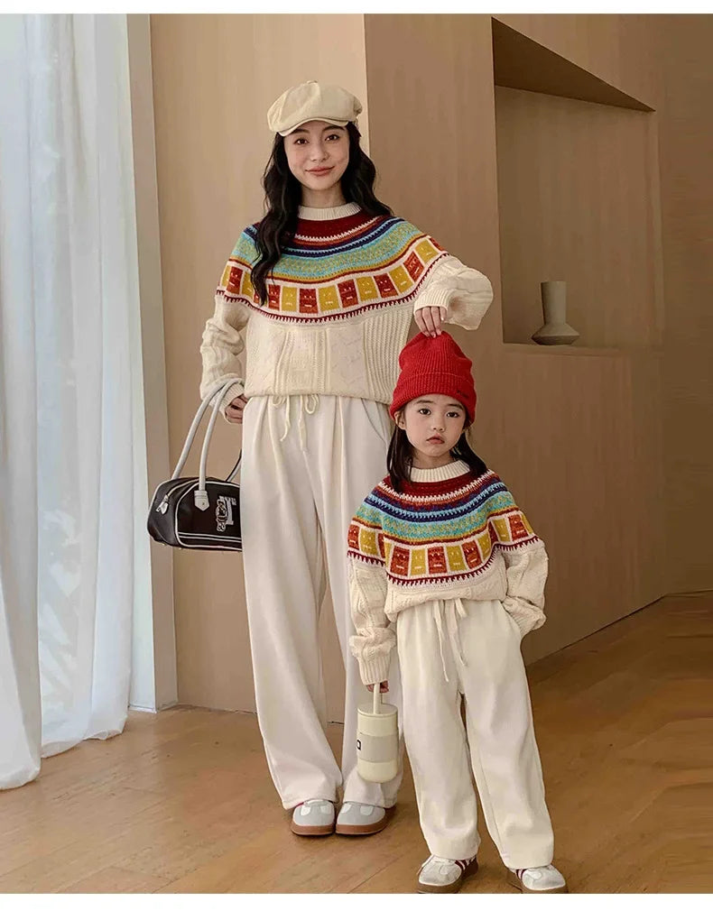 Women Sweater Print Family Daughter Matching Equal Mother Same Knit Top Pullover Baby Knitwear Clothes Knitted Jumper Holiday