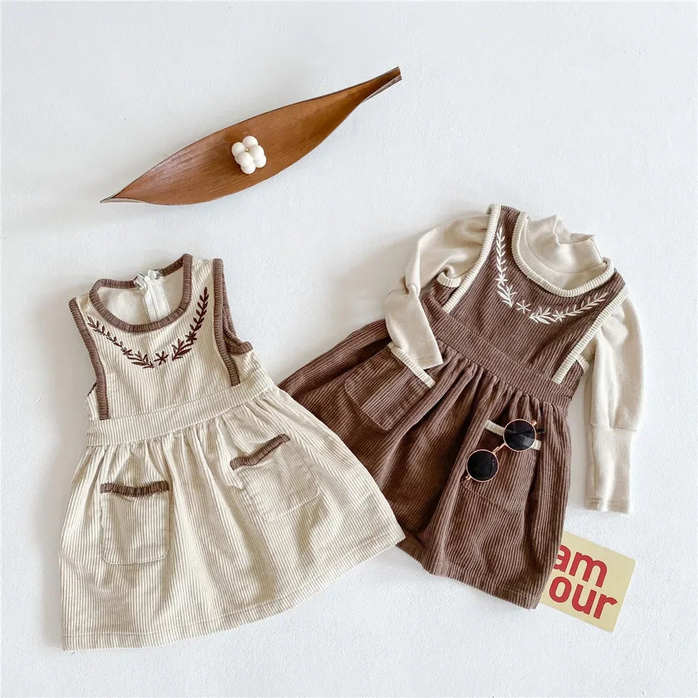 2025 Vinatge Baby Corduroy Sleeveless Dress Little Girls Sundress and Long Sleeve Tops Autumn Winter  Two Piece Set Children