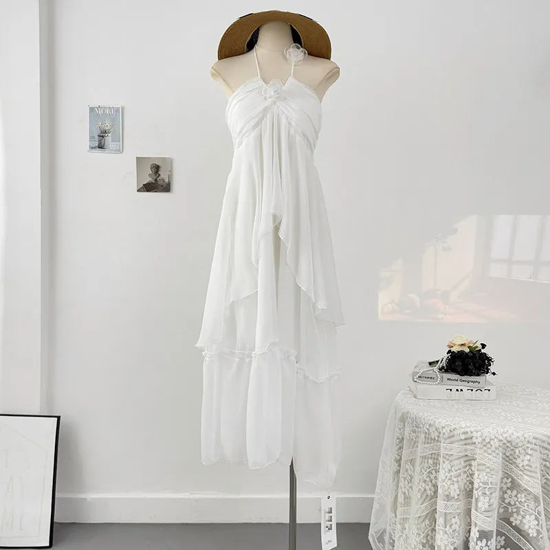 French style three-dimensional flower hanging neck lace-up dress women's summer vacation style sexy backless big swing skirt