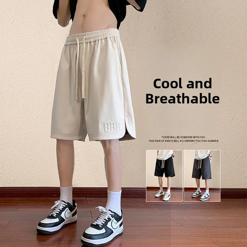 Men's Summer Ice Silk Thin Breathable Straight Leg Pants Five-Quarter Casual Shorts Polyester Fabric Comfortable Lightweight