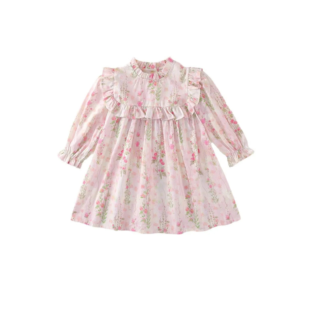 Children Girl Vintage Dress Spring Autumn Lace Turn Down Collar 2-8Y Princess Dress Fragment Flower Long Sleeve Baby Girls Dress