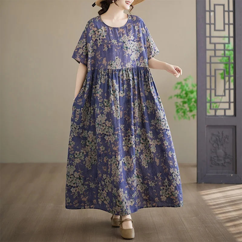 Anteef Women's Vintage Floral Cotton Maxi Dress - Short Sleeve Loose