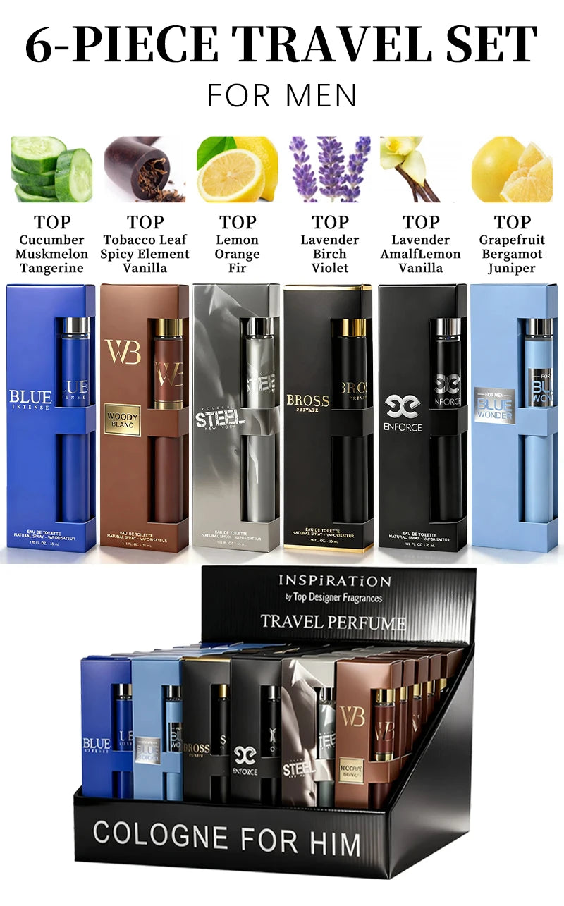6-Piece Travel Set, Men's and Women's Eau De Toilette Spray, Long-Lasting Fragrance, 6 Different Flavors, Perfect for Holiday Gift