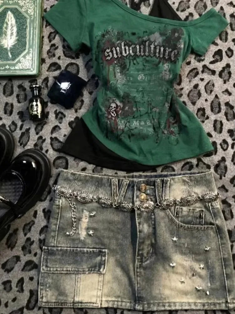 American Vintage Letter Print Fake Two Halter T-shirt Women Short Sleeve Patchwork Slim Crop Tops Y2k Aesthetic Harajuku Tees