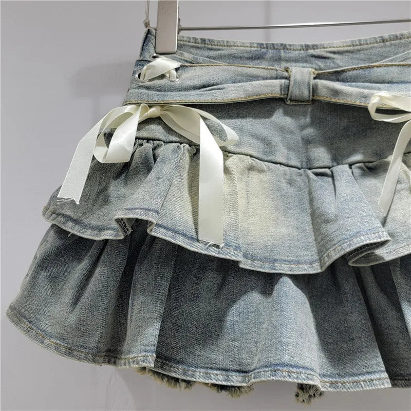 Denim Cake Skirts Women Short Skirt A Line High Waist Slim Fit Elegant Splice Y2k Streetwear Work Bow Sweet 2026 Summer