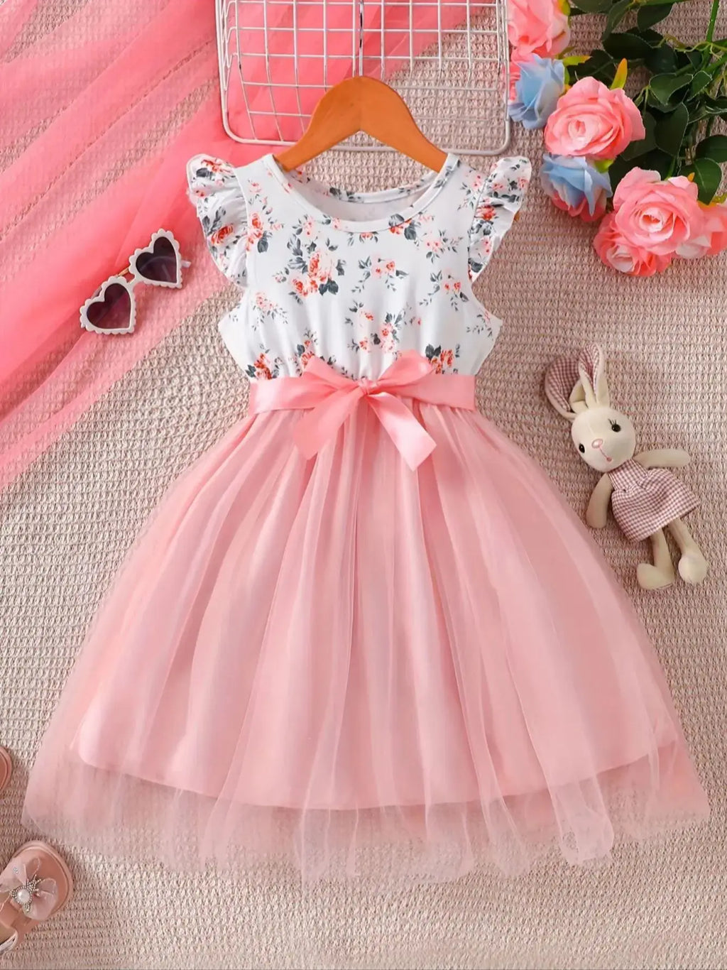 Girls' Knitted Round Neck Sleeveless Ruffled Floral Mesh Dress Dress