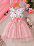 Girls' Knitted Round Neck Sleeveless Ruffled Floral Mesh Dress Dress