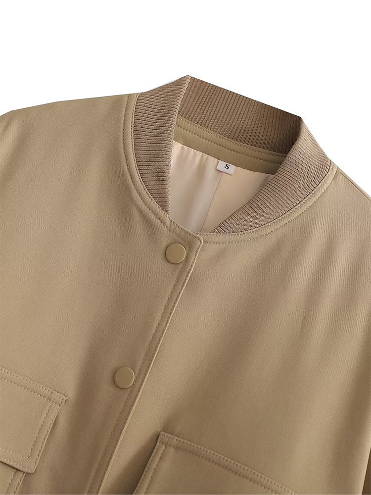 Women's Vintage V-Neck Bomber Jacket with Pockets