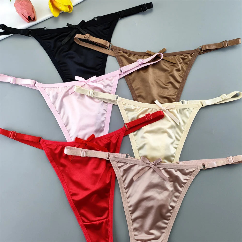 3pcs Sexy Satin Silk Underwear Panties Woman Adjustable Low Waist G Strings Plus Sizes Thong Elastic Waist Culotte Femme