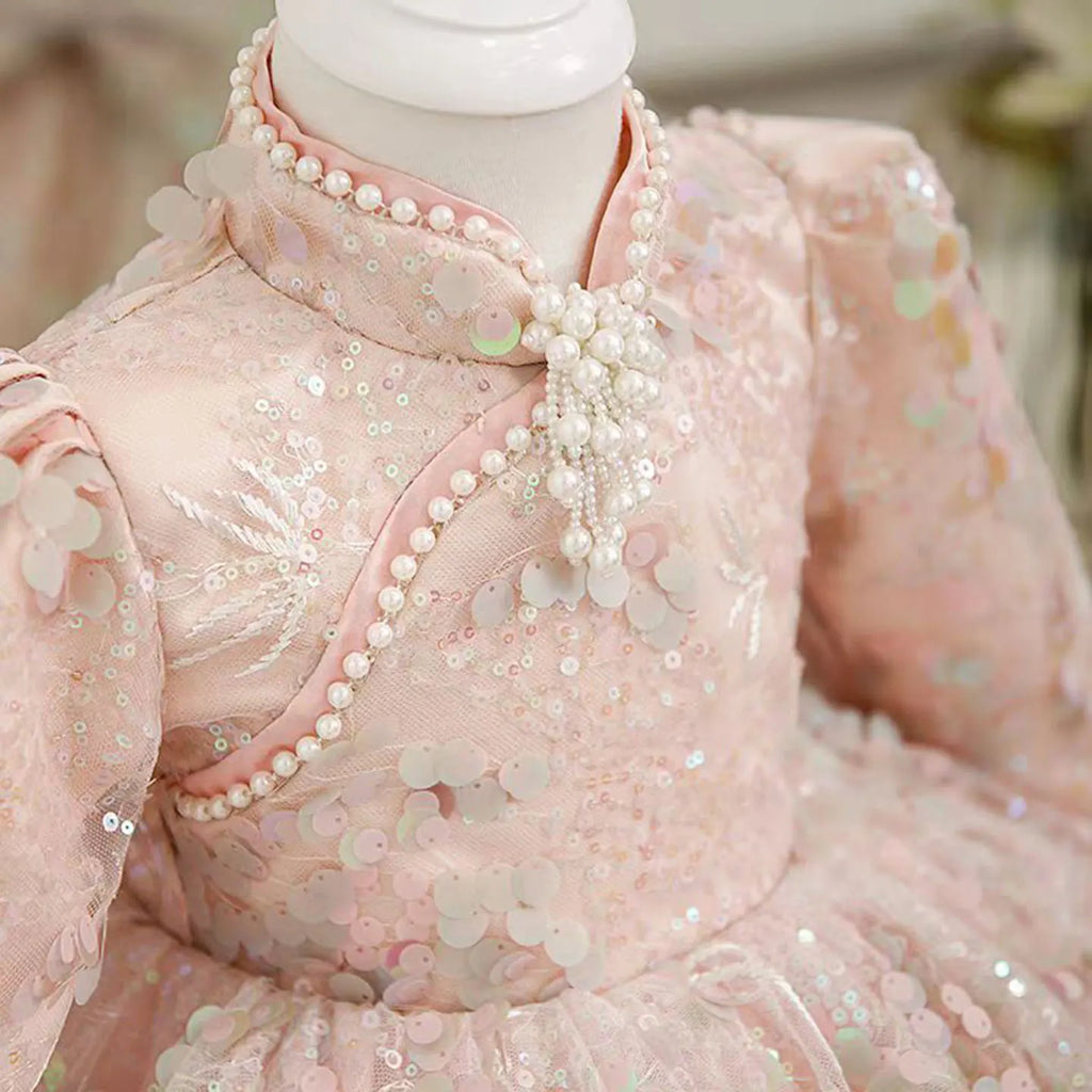 Dreamy Vow J807 Charming Chinese Style Applique Embroidered Girl Dress With Bow Pearl Holiday 1st Birthday Party Short Ball Gown