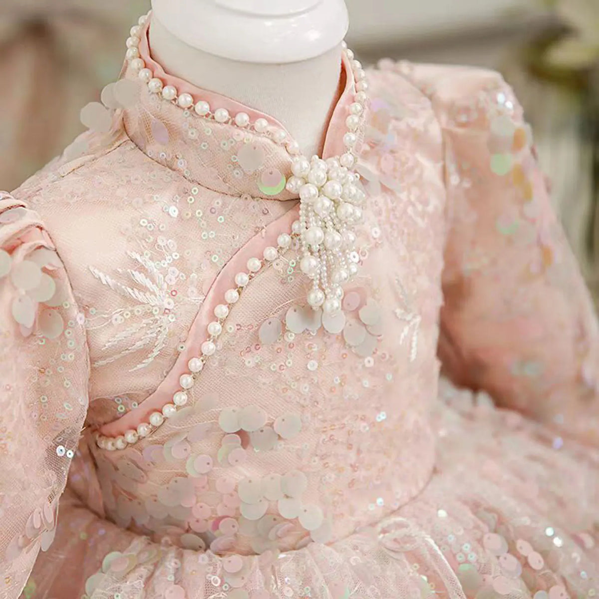 Dreamy Vow J807 Charming Chinese Style Applique Embroidered Girl Dress With Bow Pearl Holiday 1st Birthday Party Short Ball Gown