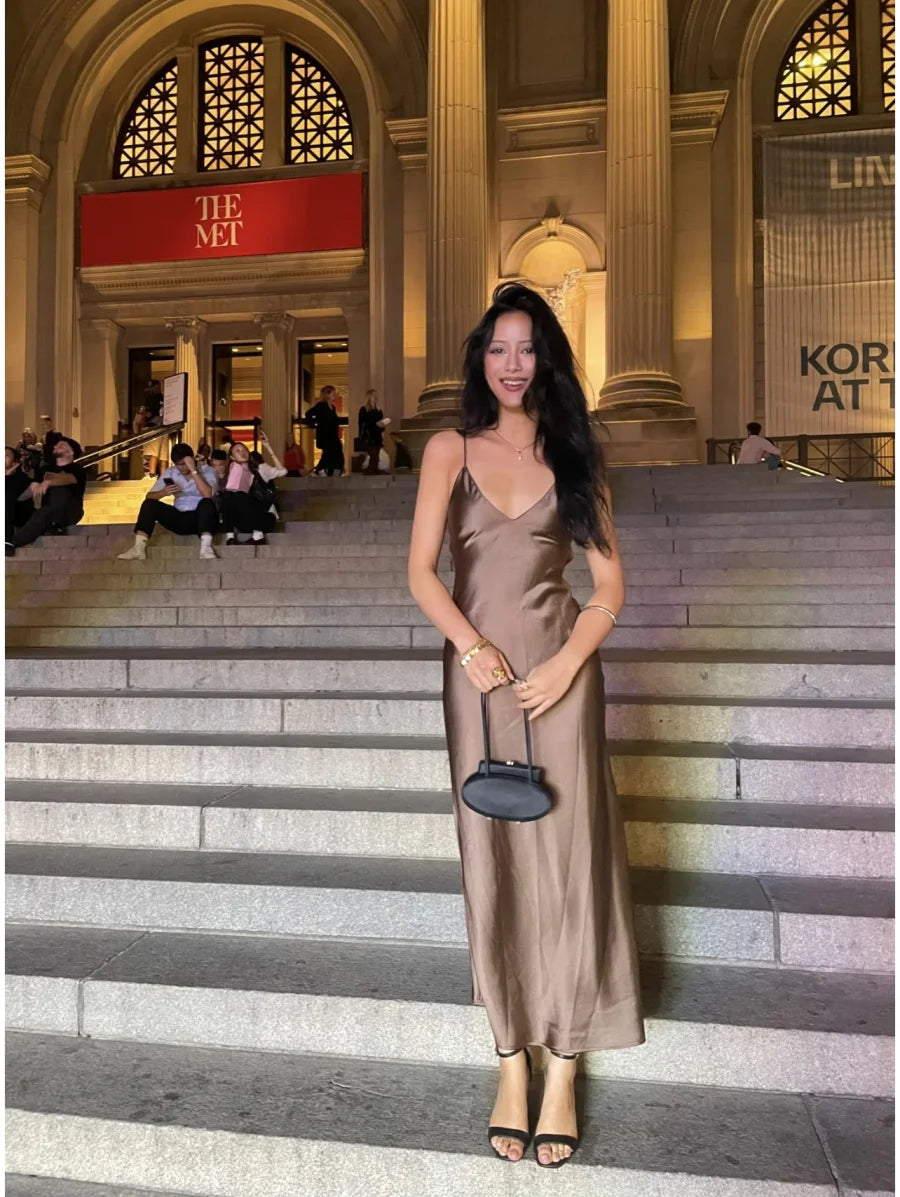 New Elegant women's fashion silk satin texture MIDI dress sexy backless party slip dress