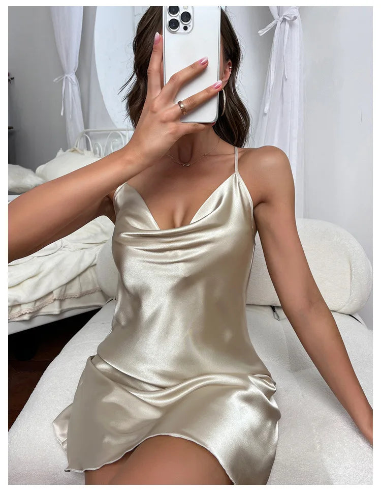 Sexy Lace Satin Silk Mini Dress Women Nightdress Sleepwear Cross Strap Pile Pile Collar Slip Backless Night Dress Pajamas
