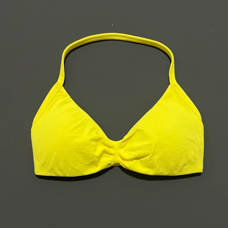 HISTELLO Sports Strappy Bra Df Solid Color Women Seamless Yoga Underwear Fitness Workout Halter Top Running Gym Sports Bra
