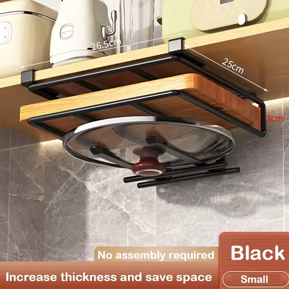 Organizador de cocina colgante con ganchos bajo el armario, soporte para toallas de papel y trapos, tabla de cortar, tapa de olla, estante de almacenamiento
