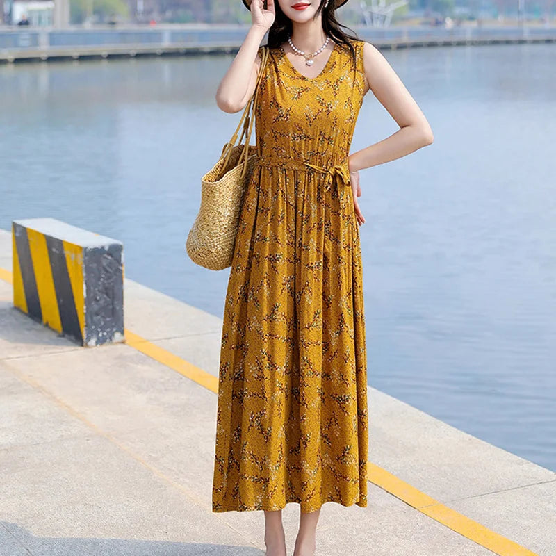 Spring Summer Dresses Fashion Female Sleeveless printed Casual Dress Women A-line Dresses Vestidos
