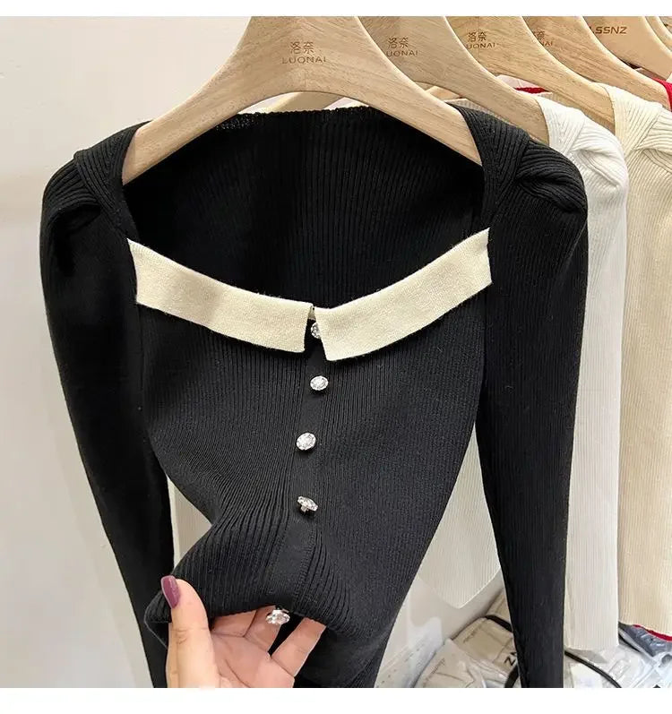 Women's Knitted Short Sweater Square Collar Base Shirt Color Collision Design Sensation Autumn Winter Special Edition Top