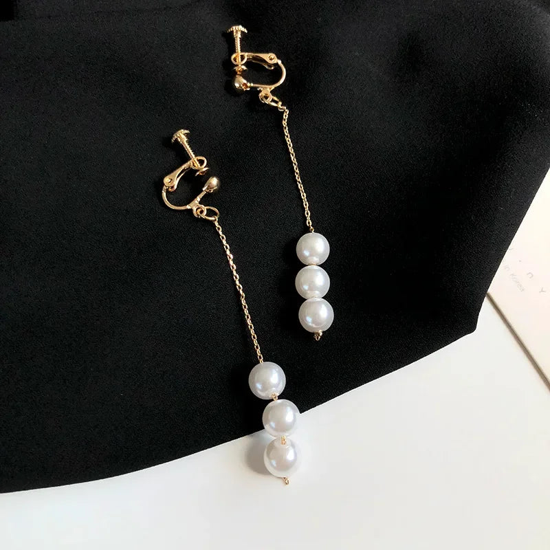 Korean Fashion Style Pearl Long Tassel Clip on Earrings for Women Simple Temperament Long Chain Non-piercing Ears Clip Earrings