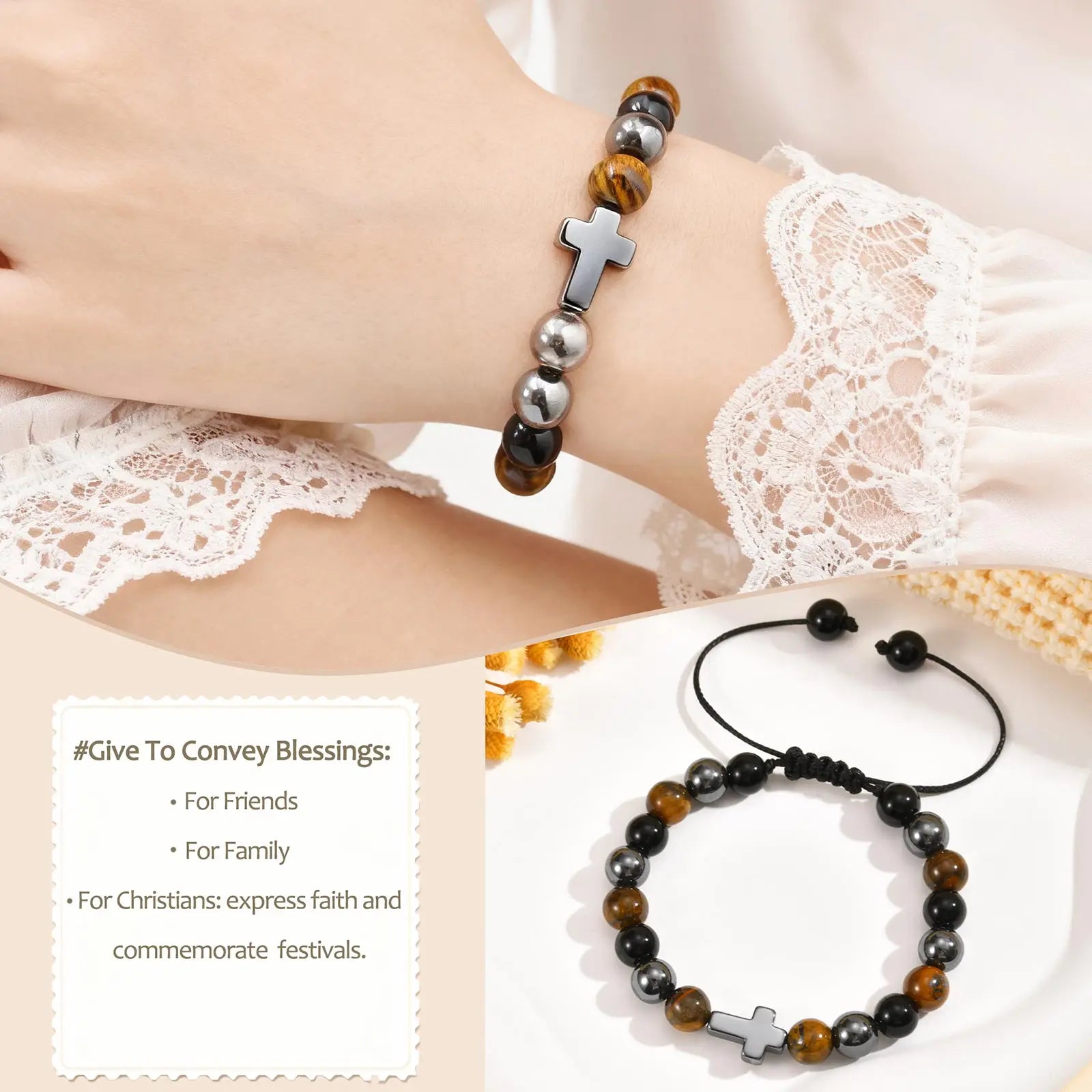 Cross Bracelet For Women'S Adjustable Christian Baptism Religious Natural Stone Beads Bracelet Jewelry For Daily Wear Easter