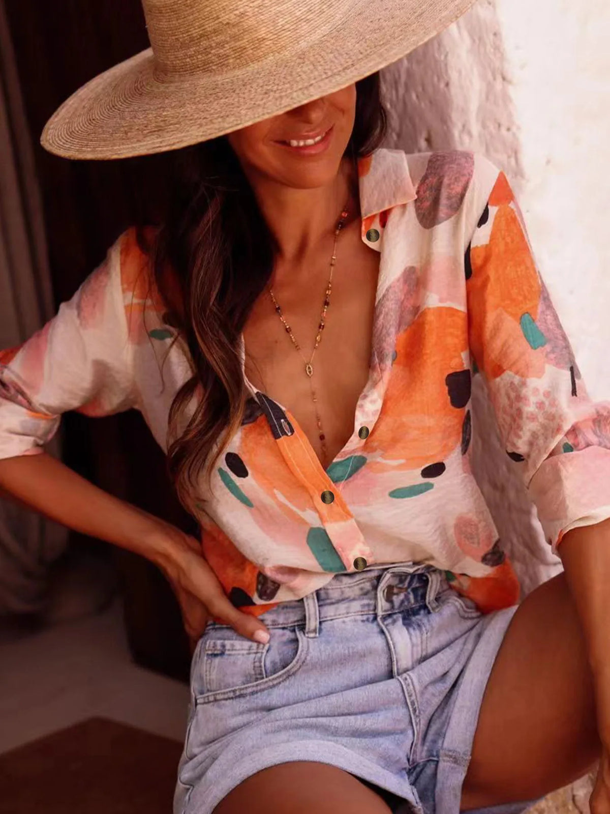 Women's Casual Printed Collar Shirt - Long Sleeve Loose Fit Top