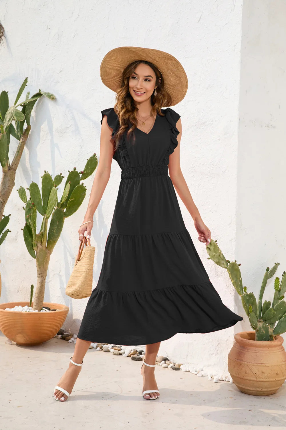 VigoCasey 2026 Summer Female Solid Long Dress Women Sexy Ruffle Sleeveless V Neck Long Dress Lady Casual High Waist Dresses