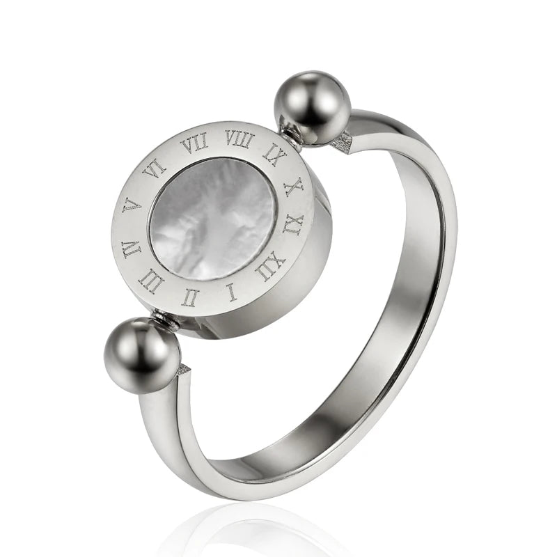 Classic Design Can Be Rotated Enamel And Shell Roman Numeral Beautiful Woman Ring Stainless Steel Brand Ring Jewelry For Women'S