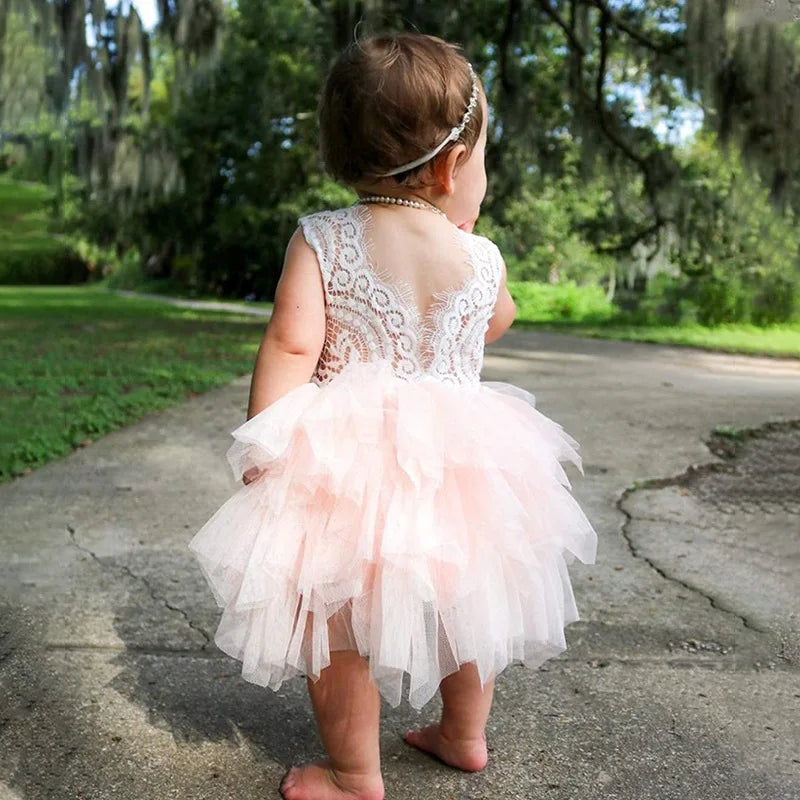 Baby Girls Sleeveless Lace Tutu Birthday Dress for Children Ruffles Eyelash Lace Flower Girl Dresses for Weddings Clothes