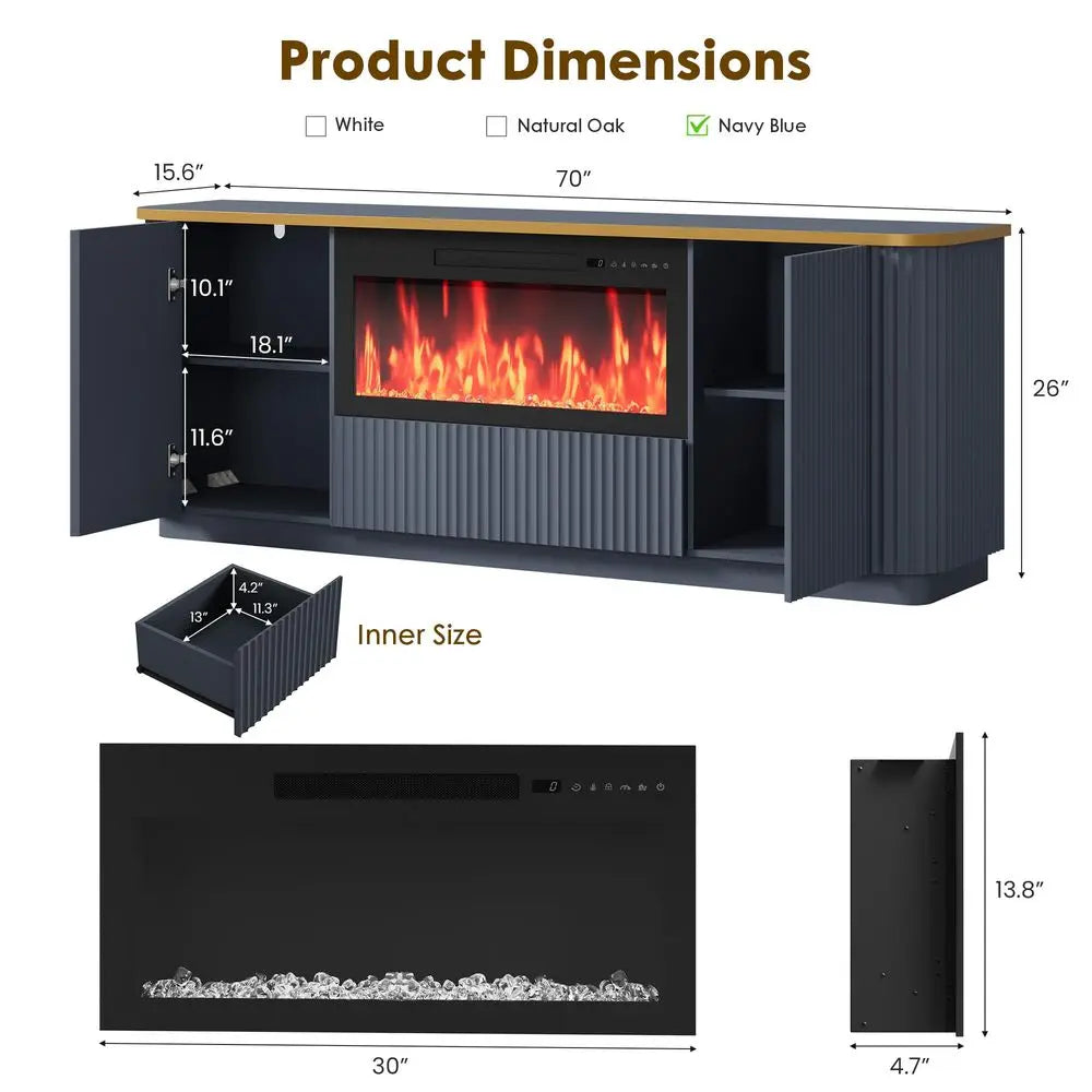 70 Fluted Fireplace TV Stand for TVs Up to 80, Modern Entertainment Center with 30 Crystal Electric Fireplace, Navy Blue