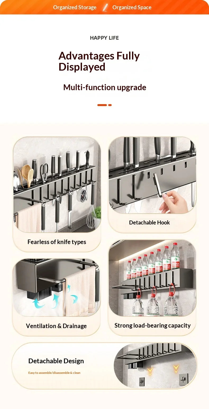 Wall Mounted Kitchen Knife and Chopstick Holder - Stainless Steel