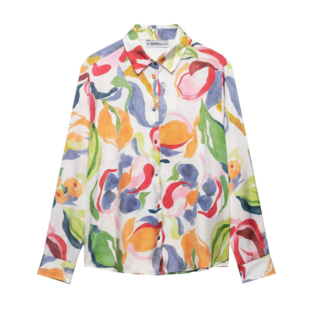 Silk Satin Feel Floral Print Shirt for Women 2026 New Design Elegant Basic Style Long Sleeve Loose Fit Polyester Spring Fashion