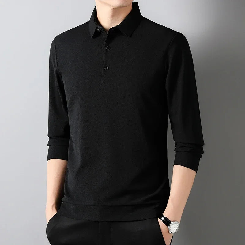Men's Waffle Polo Shirt - Long Sleeve Casual Solid Polyester Top