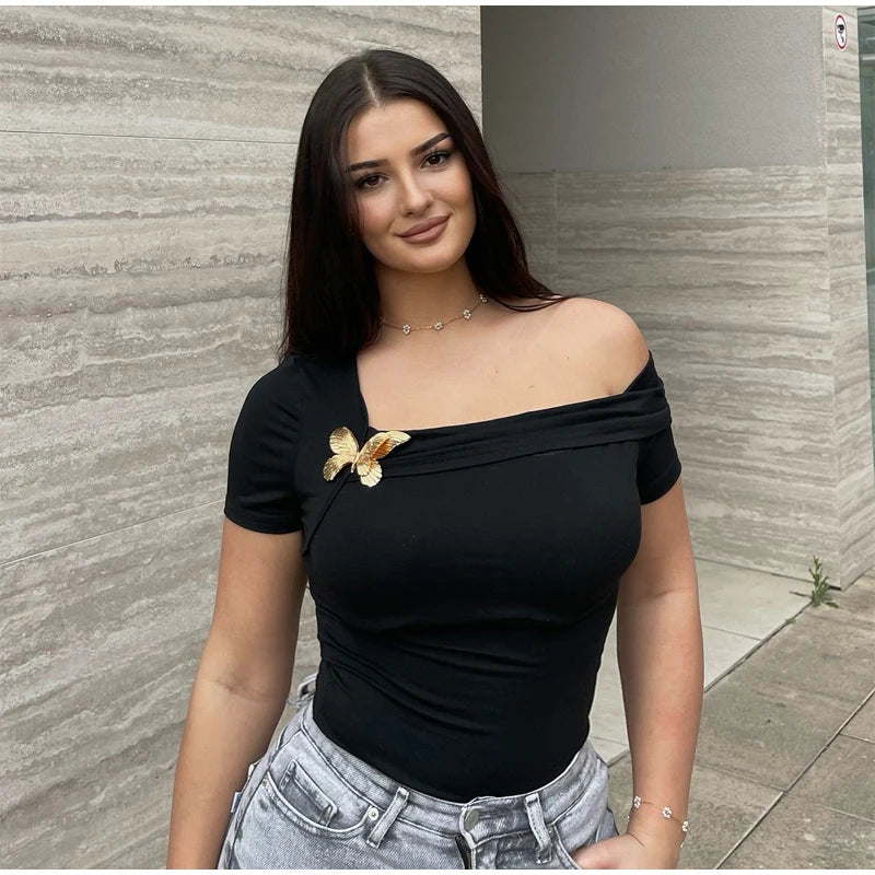 Metal Butterfly Buckle Sloping Shoulder T-shirt Women's Short Sleeve Slim Fitting Interior Blouse Casual Versatile Cropped Tops
