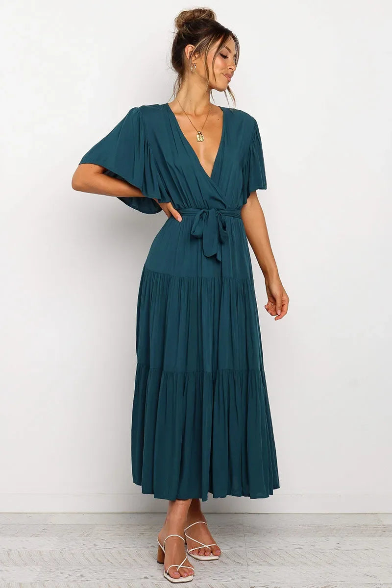 Summer Bohemian Long Dress Pure Color V-Neck Short Sleeve Empire Waist Design Floor Length with Belt Loose Fit Women's Dress