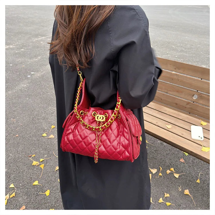 Quilted shoulder underarm bag, large-capacity hobo bag, bucket drawstring chain crossbody bag, women's handbag