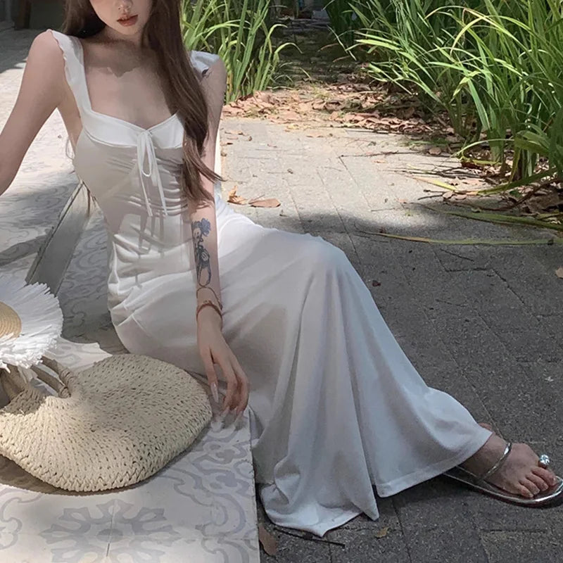 Lady Daily Holiday Leisure Satin Dress Female Gentle Aesthetic Long Bridal Dress Summer Women Party Backless Bandage Dresses