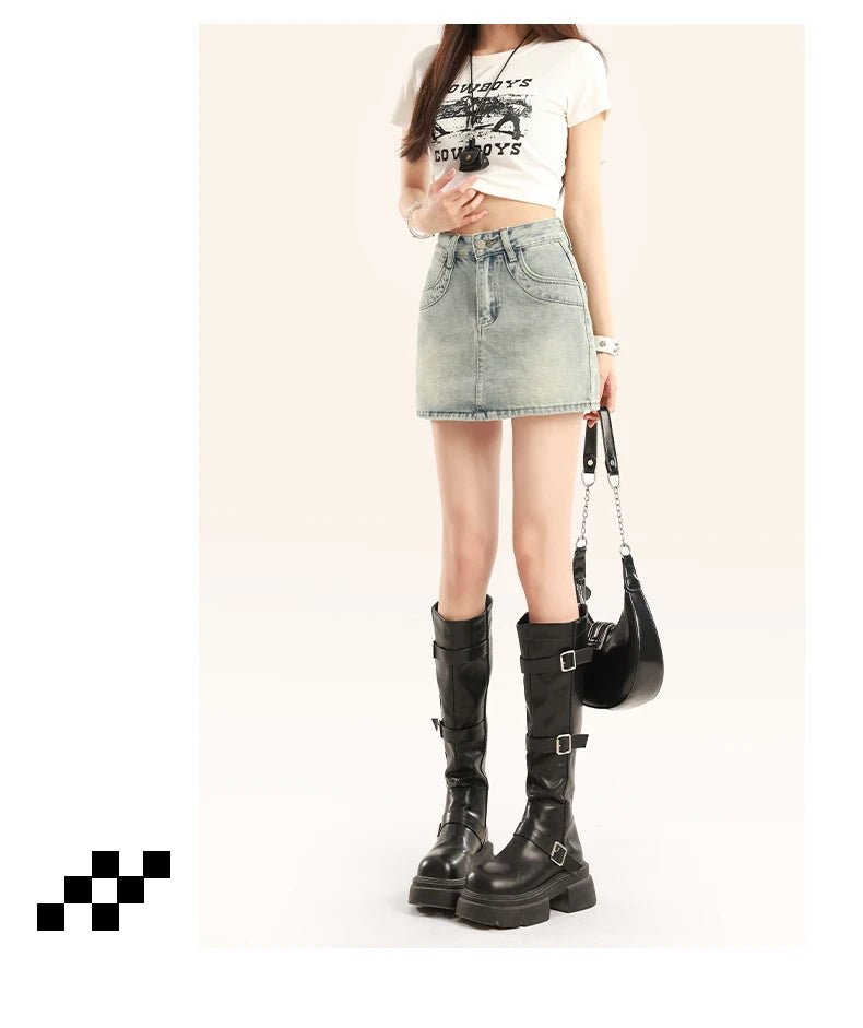 Light Blue Spicy Girl High Waist Denim  Skirt Women's A-Line Bodycon Short Skirt Summer New Style Slimming Anti-Light