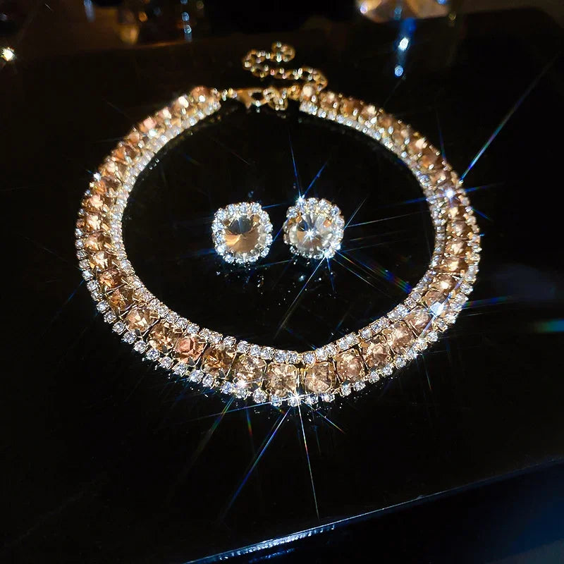 Women'S'S Rhinestone Decorated Necklace & Earringstrendy Jewelry Set Fashionable Accessories For & Daily Clothing Decor