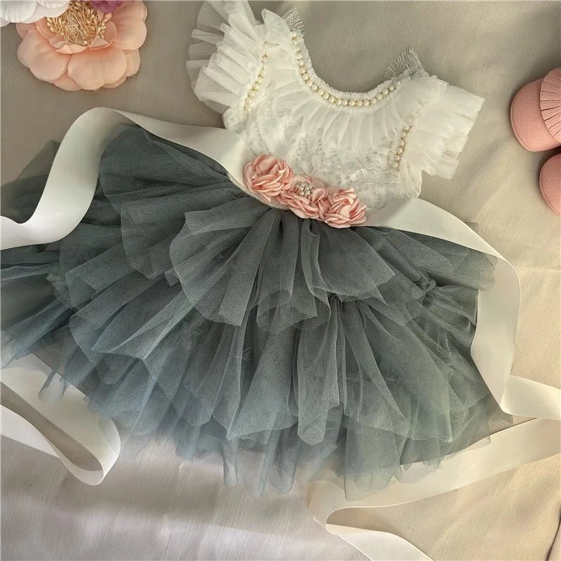 Spanish Toddler Girls Beading Dress for Baby Baptism Dress Birthday Kids Flutter Sleeve Tutu Princess Vestido Clothing