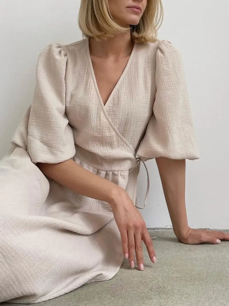 Long Dress Women Dresses Vestidos Lace Up V Neck Puff Sleeve Solid High Waist Female A Line Office Lady Summer 2025 Maxi Gown