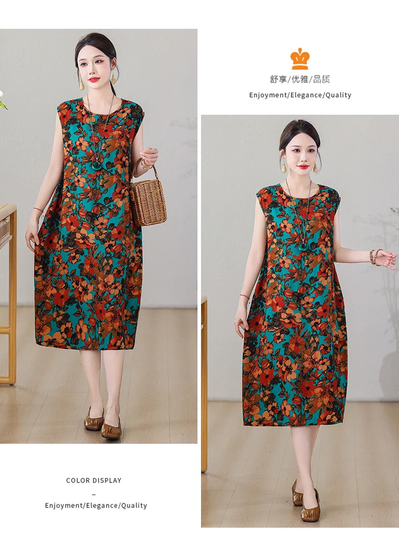 New Fashion Vintage Floral Print  Sleeveless Casual Party Femme Summer Dresses For Women 2025 O-neck Straight Women Clothing
