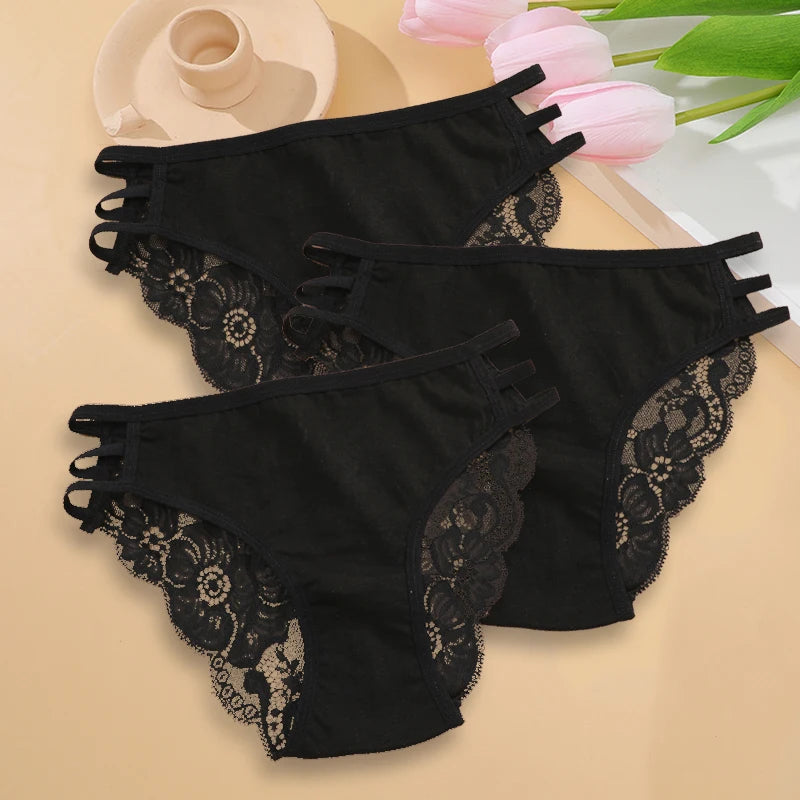 3Pc/Set Women'S'S Sexy Floral Lace Panties Low Rise Hollow Out Briefs Transparent Underwear Female Elastic Straps Soft Lingerie