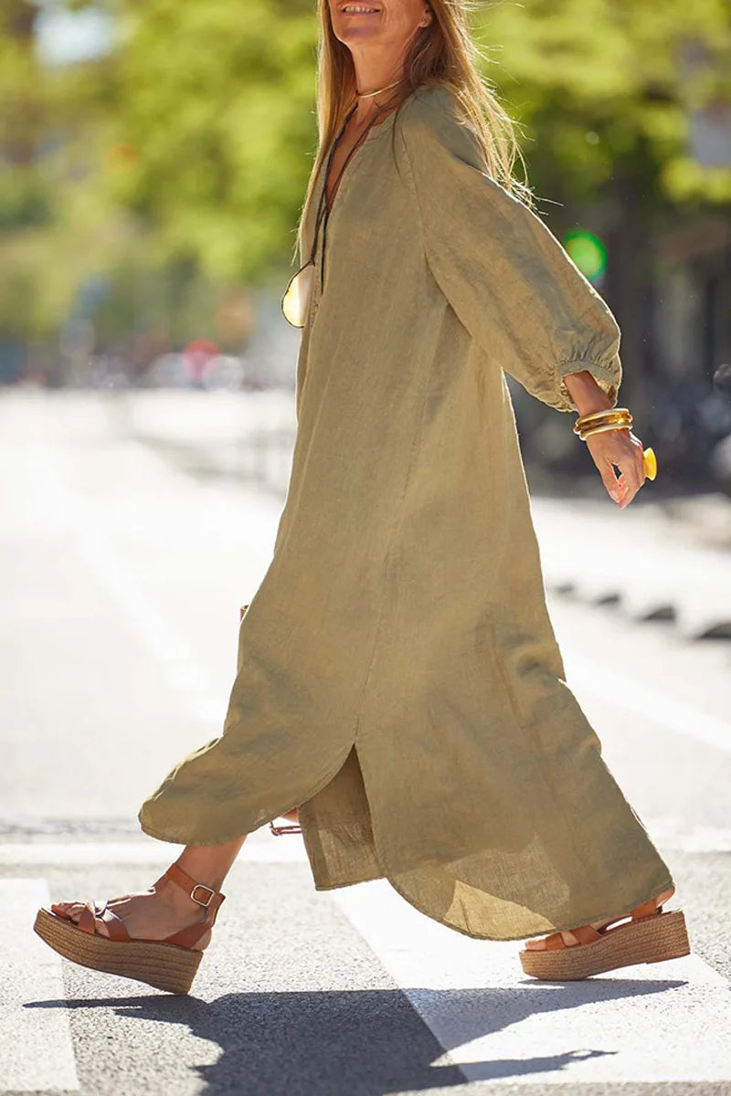 Women V Neck Lantern Long Sleeve Linen Maxi Dress Button Front Loose Casual Vacation Ladies Long Dress