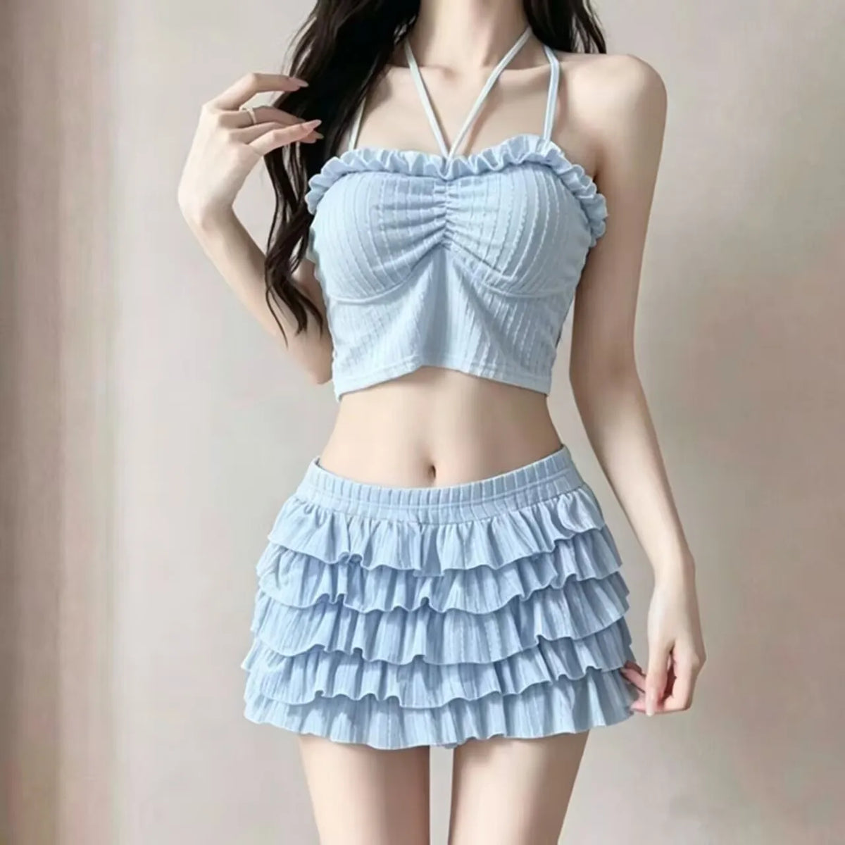 Sweet Sister Two-Piece Swimsuit Female Cake Skirt Slimming Female Polyester Fabric with Chest Pad No Steel Support