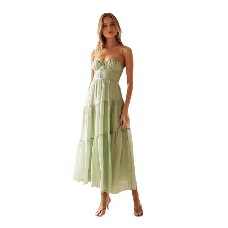 Women Spaghetti Strap Front Tie Tiered Flowy Backless Maxi Dress
