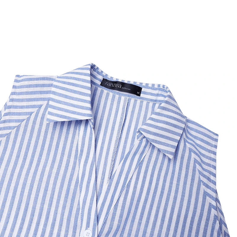 ZANZEA Elegant Women Striped Sleeveless Shirt Dress Casual Ruffle Hem Summer Holiday Button Down Office Work Midi Sundress Robe
