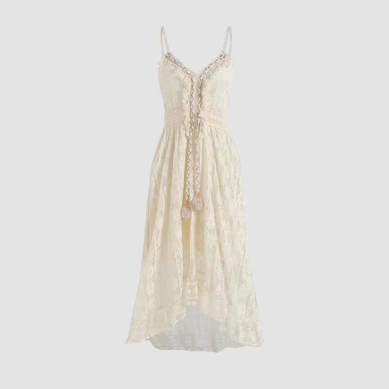Ladies Dress A-line Lace Embroidery Design V-neck Sleeveless Mid Waist Slim Solid Color Simple Elegant Fresh Retro Sling Dress