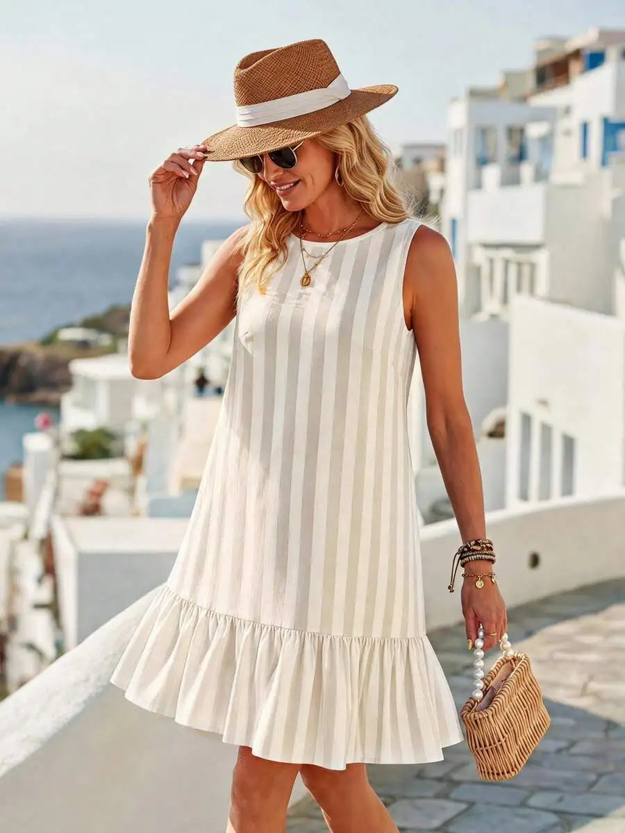Round Neck Sleeveless A-Line Polka Dot Dress with Ruffle Hem