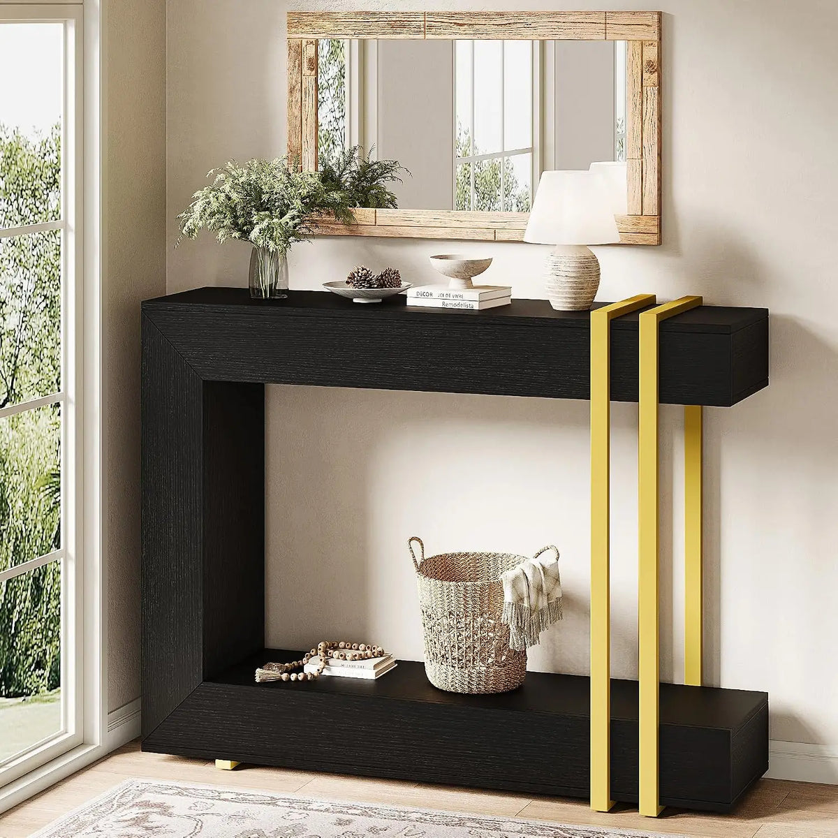 42.5-Inch 2-Tier Console Table, Wood Entryway Table with Metal Base