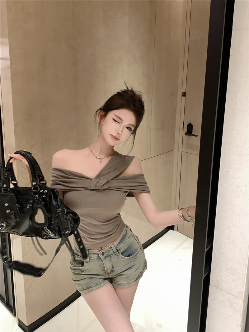 Korean Style Sexy One Shoulder  Knot Neckline Thin Summer Slimming T-Shirt Women's Fashionable Short Sleeve Top